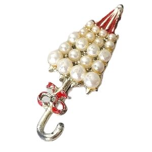 Rare Vintage 50s White Pearl Umbrella Brooch Gold Tone Rockabilly